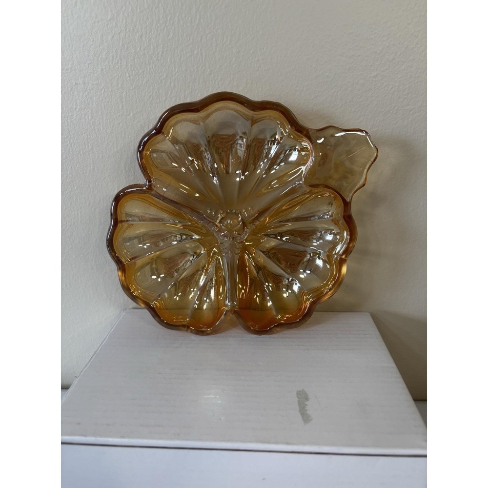VTG Depression Carnival Glass Iridescent Marigold Gold 3 Leaf Clover Candy Dish